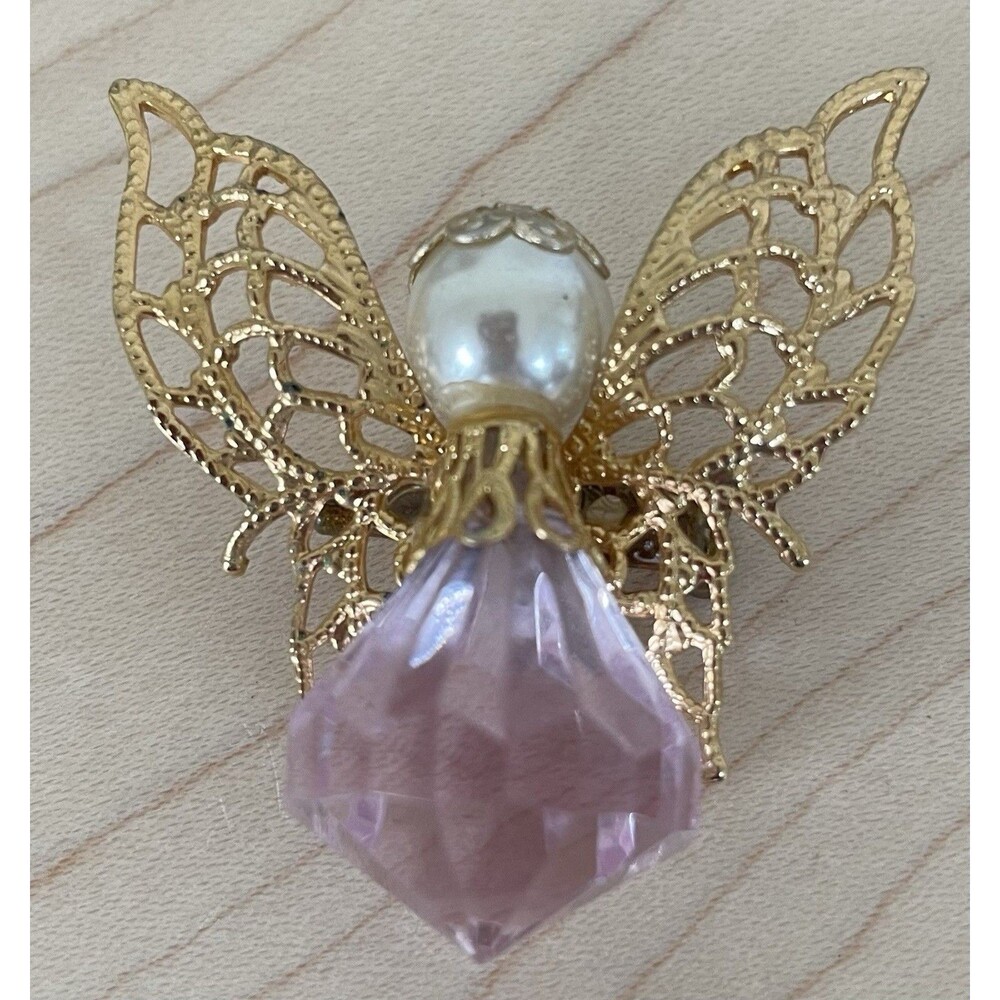 Vintage Christmas Angel Brooch Pink Stone Gold-tone Faux Pearl
